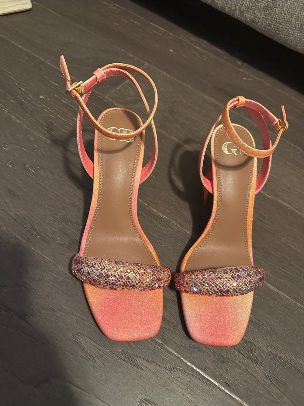 Gianni Bini Coral-to-Orange Jeweled Ankle-Strap Block Heels